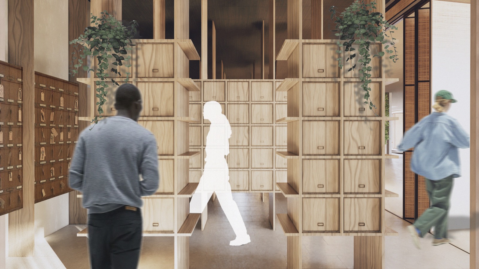 Memory library of open oak cubbies