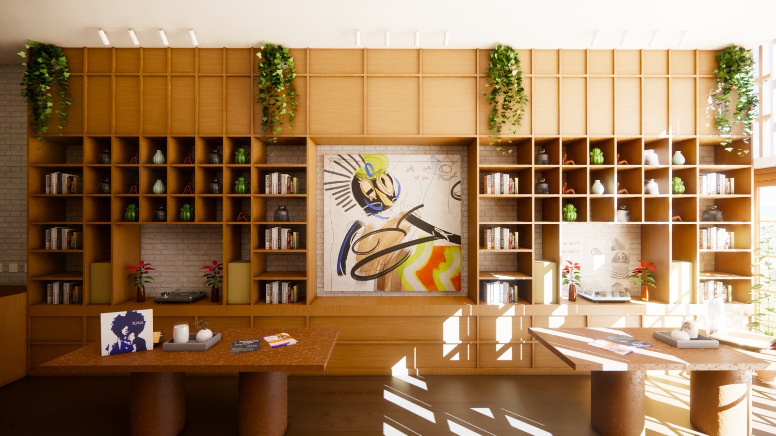 Millwork wall with display and artwork